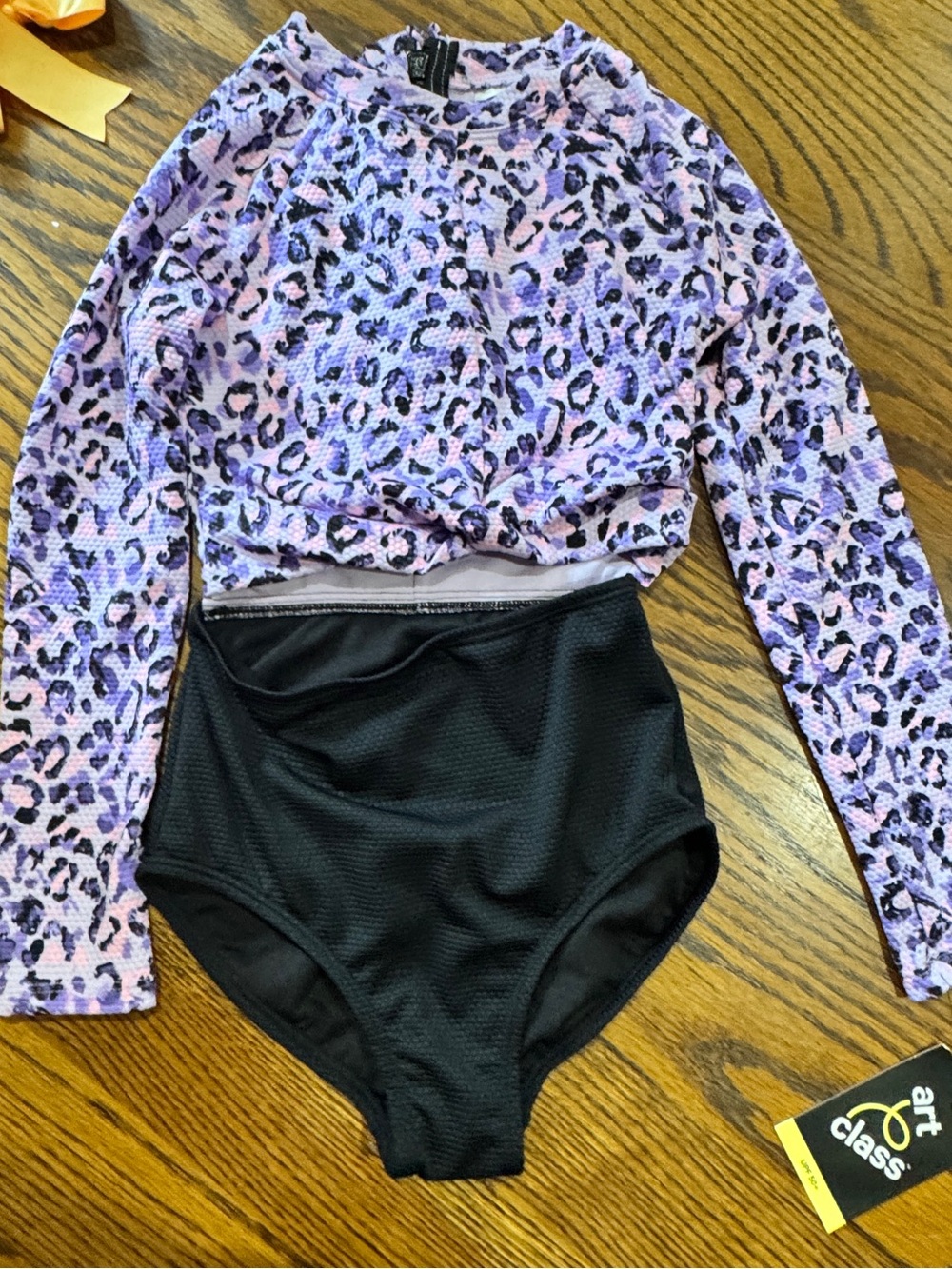 art class Purple Leopard Long-Sleeve One-Piece Swim Set with Black Bottom